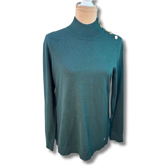 Calvin Klein Pullover Mock Neck Sweater Womens M Green Malachite Gold Button NEW - Picture 1 of 11